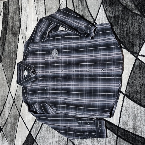 GENUINE HARLEY DAVIDSON EMBROIDERED BLACK & GRAY PLAID BUTTON LONG-SLEEVED SHIRT - Picture 1 of 14